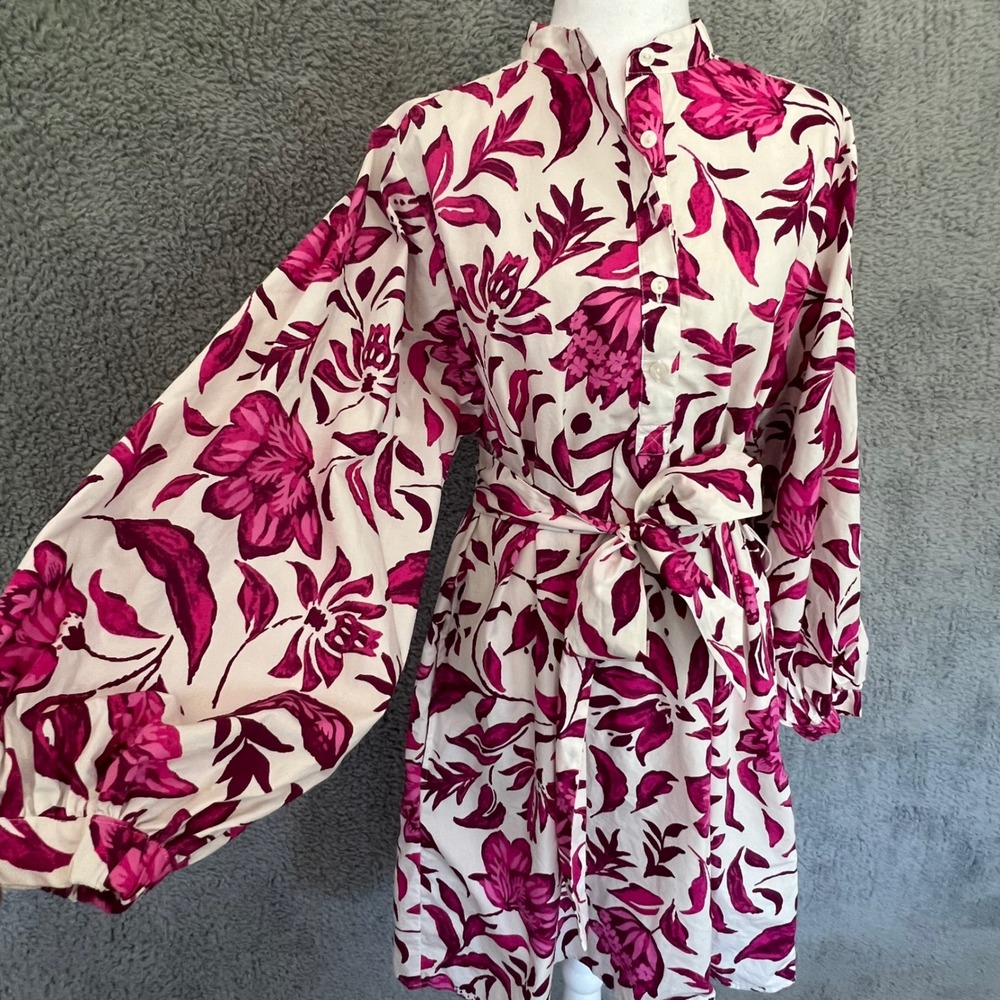 Ann Taylor Floral Shirt Dress M Cotton Balloon Sleeve Belt Pink Resort Vacation